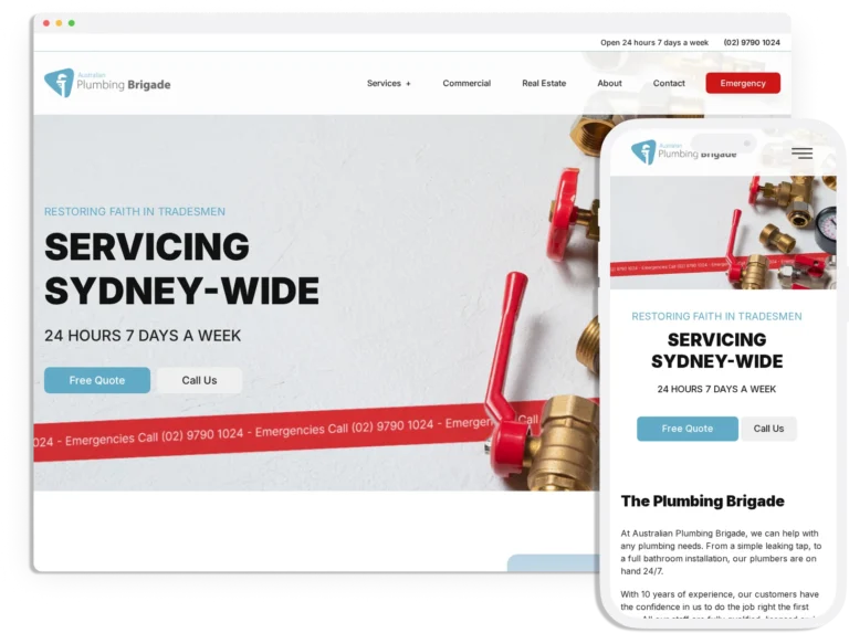 Website design for Plumbing Brigade, featuring a clean, professional layout tailored for plumbing services in Australia.