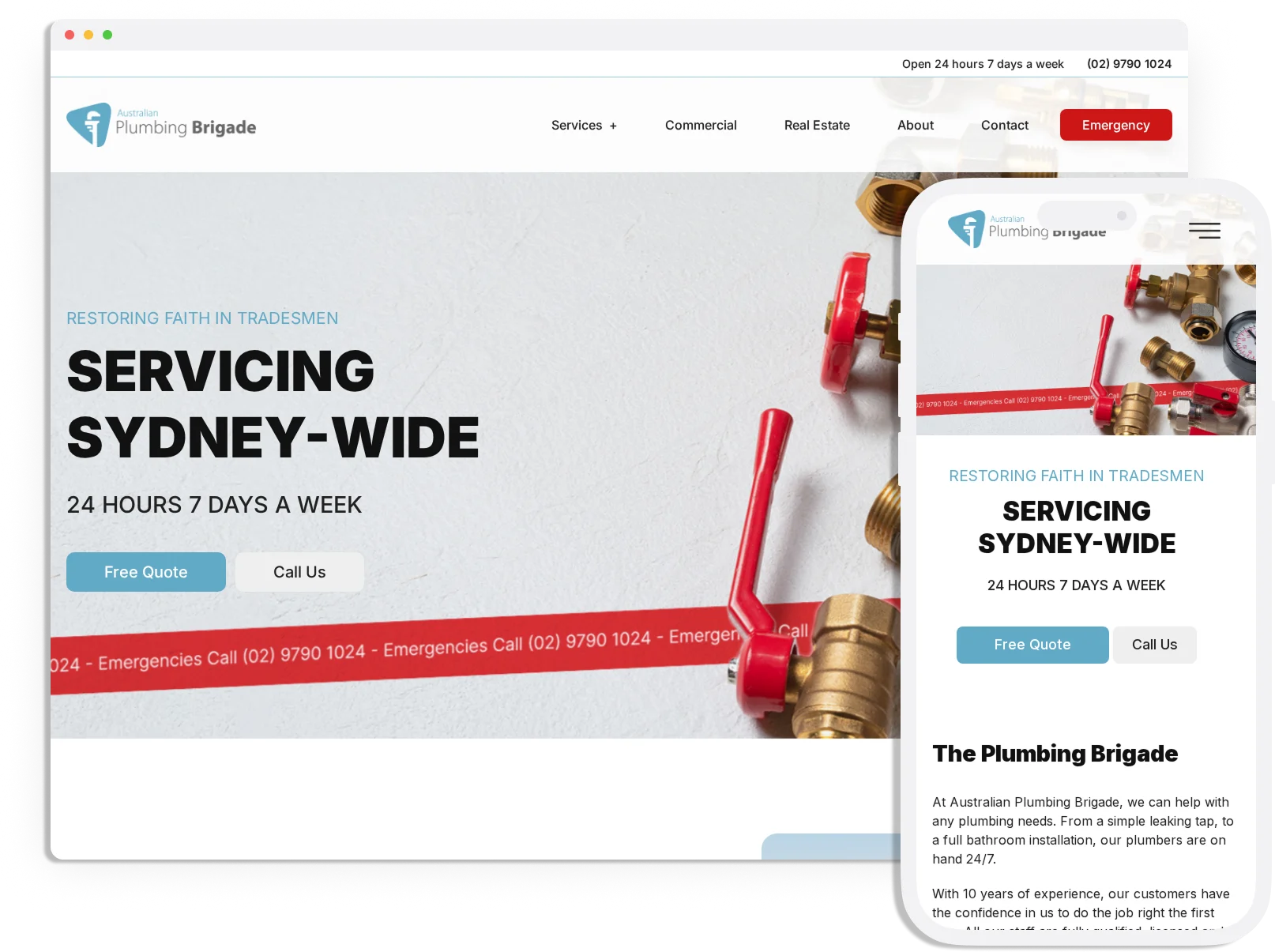 Website design for Plumbing Brigade, featuring a clean, professional layout tailored for plumbing services in Australia.