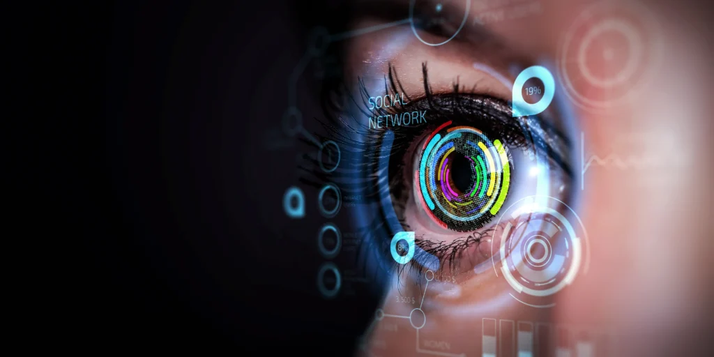 Close-up of a woman's eye being scanned, symbolizing precision and consistency in visual identity for digital branding.