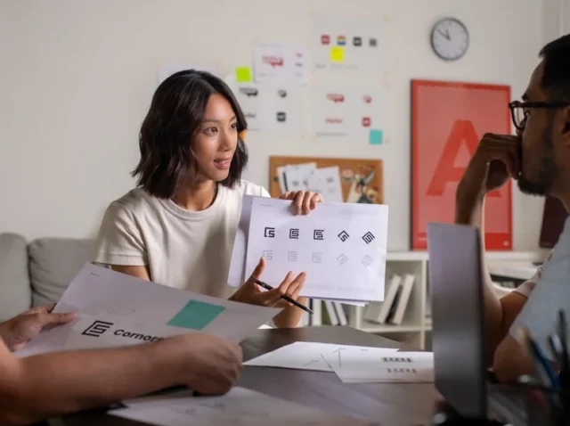 Group of graphic designers brainstorming in a creative office, discussing modern logo design trends and branding concepts.