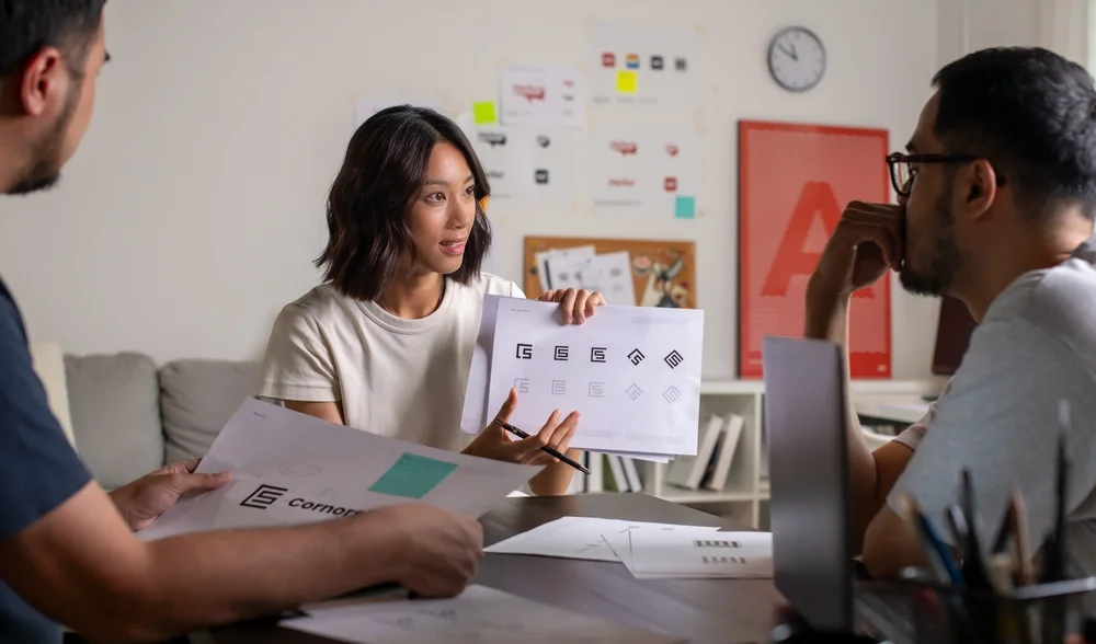 Group of graphic designers brainstorming in a creative office, discussing modern logo design trends and branding concepts.