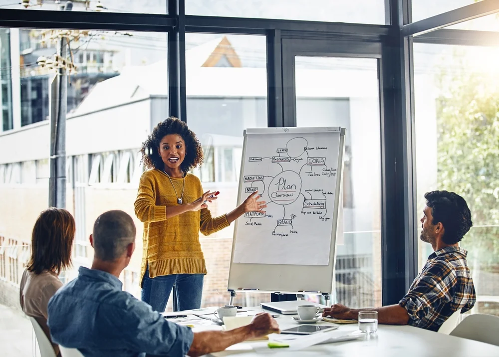 Woman brainstorming in a boardroom with a whiteboard, planning strategy and feedback loops for a business project.